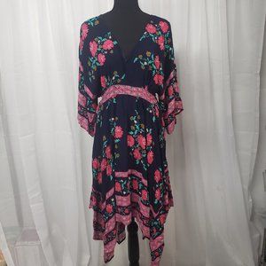 Umgee navy Pink Floral Bho Asymmetrical Hem Midi Tie Waist Dress Size XL
